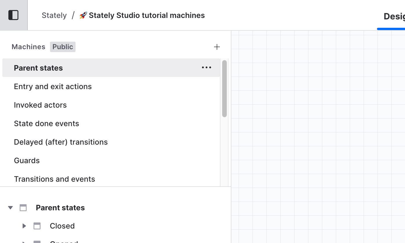 Stately Studio editor showing the Machines list in the left drawer for the Stately Studio Tutorials project. The selected machine is called ‘Parent states.’