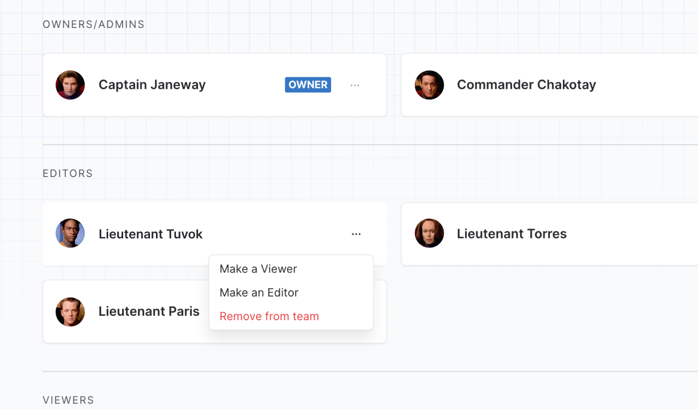 Stately Studio Team page for the Voyager team, showing the options for Lieutenant Tuvok as ‘Make a Viewer’, ‘Make an Editor,’ and ‘Remove from team.’