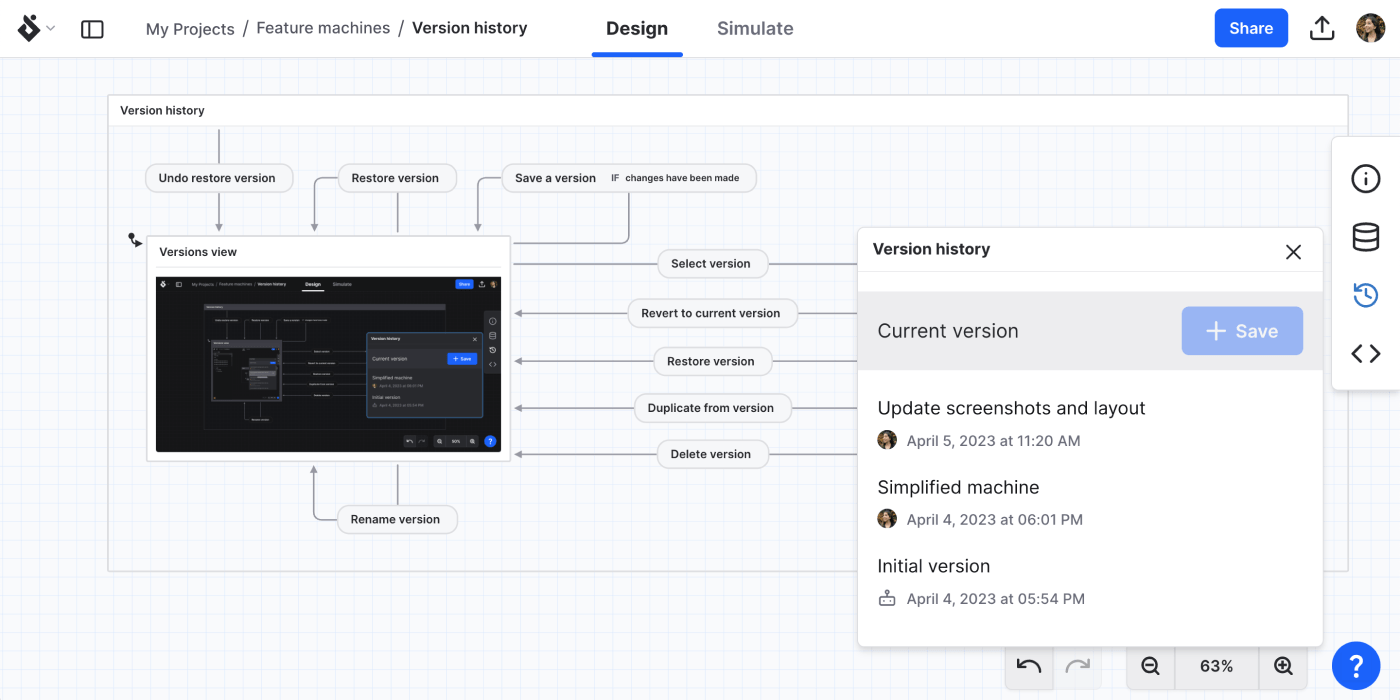 Version history panel opened from the right tool menu showing a list of versions.