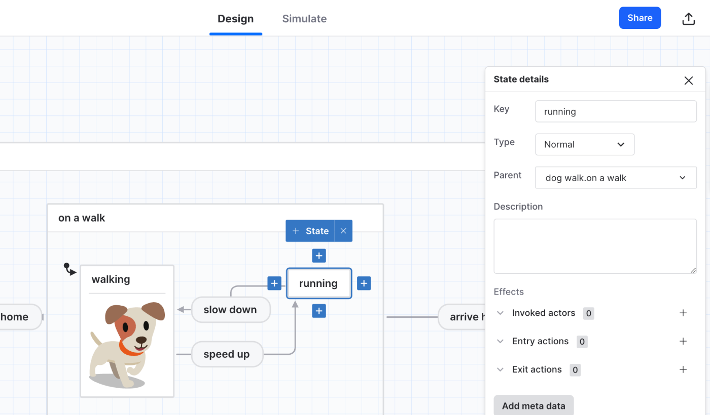 A dog walk machine open in Stately Studio’s editor in Design mode. The running state is selected, with the right panel showing options for a state.